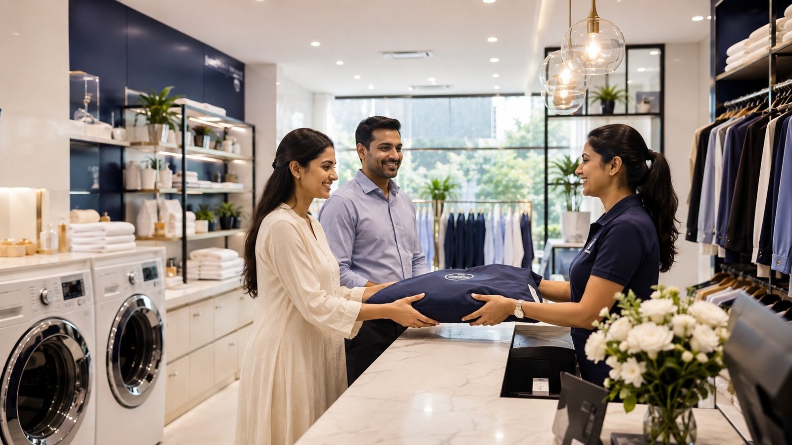 Happy laundry customers